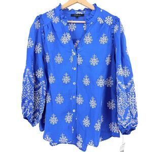Caleoa Blue White Floral Embroidered Blouse V Neck Shirt Womens Sz Large